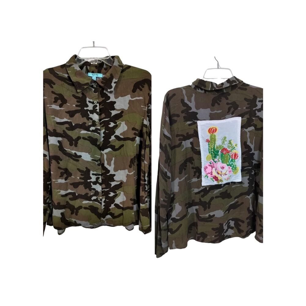 3872) April Sky Camo Cactus Embroidery Button Down Long Sleeve Rayon Top Size 1X